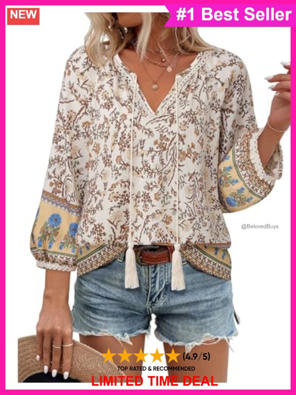Boho Floral V-Neck 3/4 Lantern Sleeve Peasant Blouse Tie Front Flowy